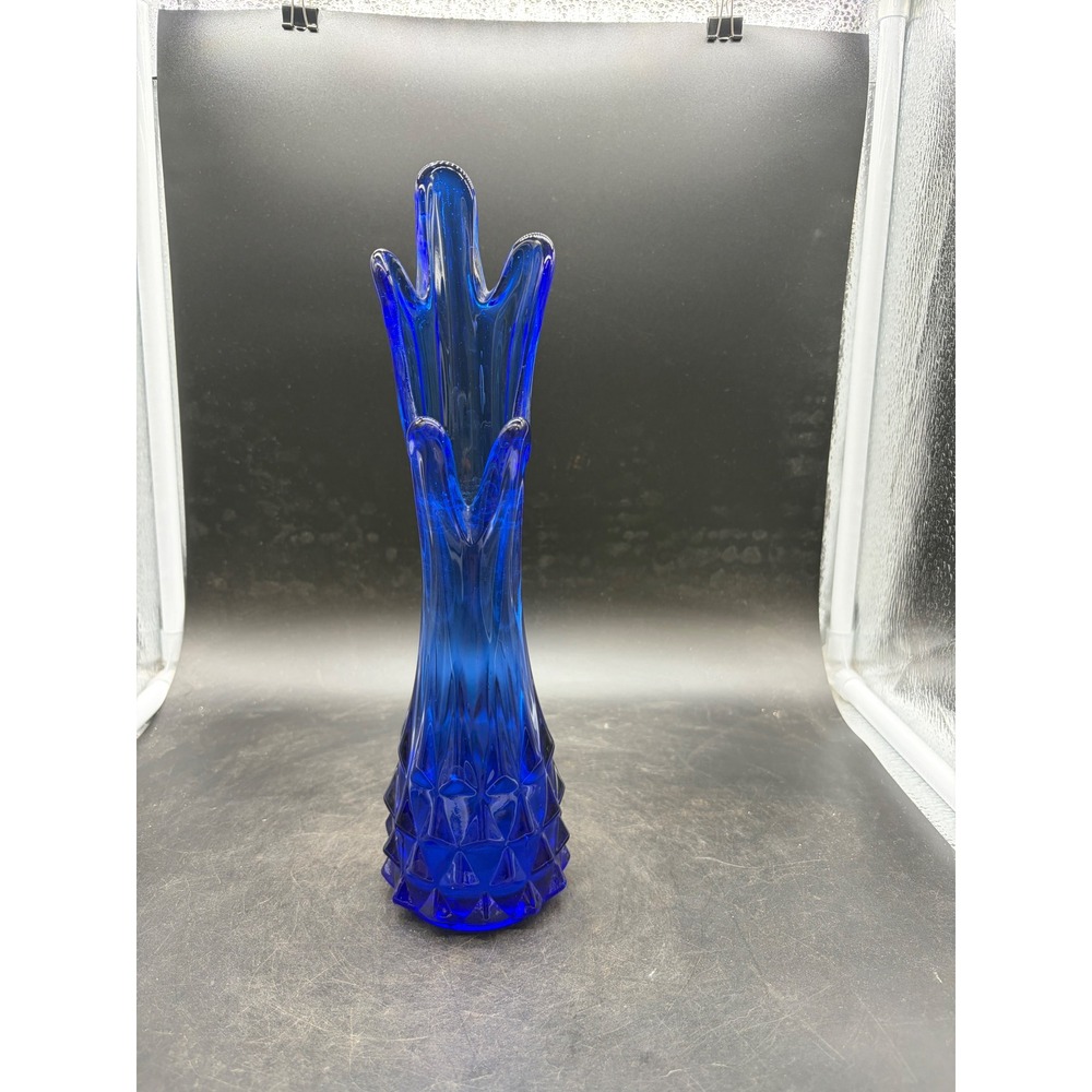 Vintage Cobalt Blue Swung Glass Vase 5 Finger Mid Century Modern Art Glass 11in